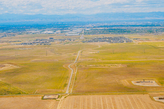 aerial view of Denver city, suburban, road, house and farm beautiful landscape