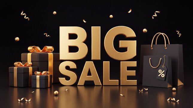 Celebrate immense savings and shopping delights with this elegant golden 'Big Sale' graphic featuring gift boxes and shopping bags, perfect for promotional banners and advertisements
