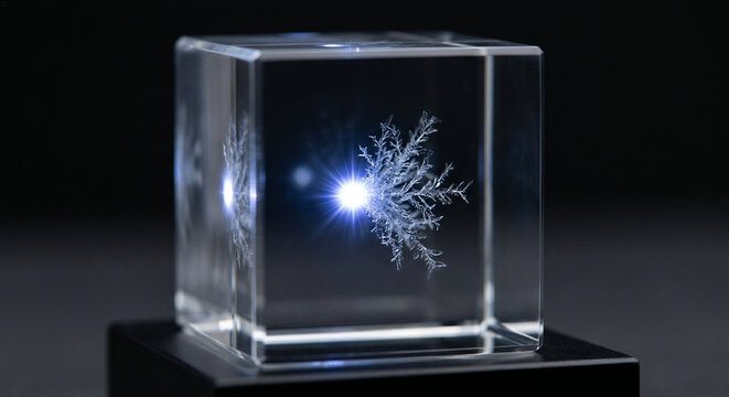 Solid glass cube undergoing internal laser engraving with brilliant white blue focal starburst light and micro fractures, optical manufacturing technology concept studio photography