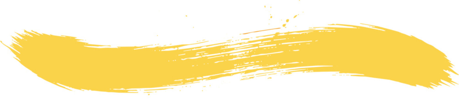 Single long yellow paint brush stroke with textured edges and splatters isolated on a white background for