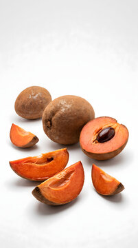 Fresh whole and sliced sapodilla fruits isolated on a white background.