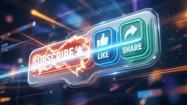 Subscribe button animation with like and share icons glowing brightly in futuristic digital background video