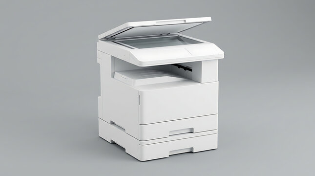 Modern White Office Multifunction Printer And Copier Machine Isolated On Gray Background