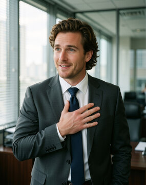 Hopeful mid-career man stands in office, hand on heart, touched by kind word, exuding gratitude and sincerity in professional attire.