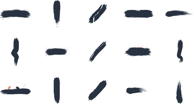 A collection of fifteen dark navy blue paint brush strokes in various shapes and angles isolated on a plain white background for