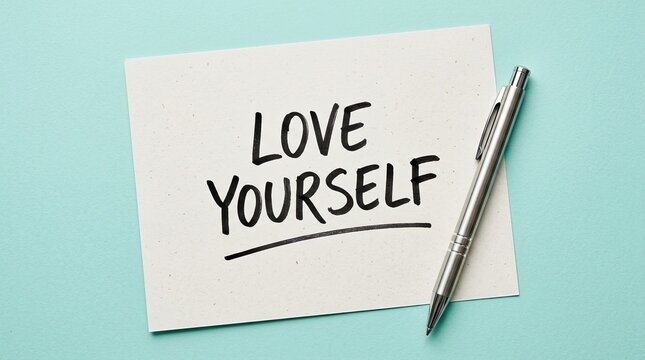 Inspirational message love yourself written on a sticky note with a pen nearby