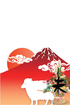 富士山と伝統的な装飾を組み合わせた日本の季節の挨拶用デザイン