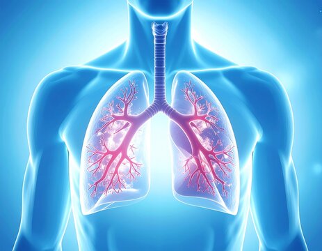 Detailed anatomical view of the human lungs and respiratory system with trachea and bronchi in a glowing blue male body