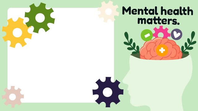 Raise mental health awareness with a colorful animated design featuring a healthy brain, puzzle gears, positive symbols, and a space for custom text