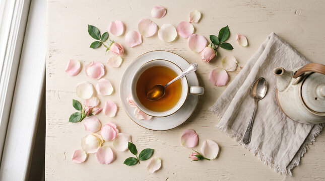 Hot cup of tea surrounded by delicate rose petals on a wooden table representing peaceful morning relaxation perfect for cozy wellness themes