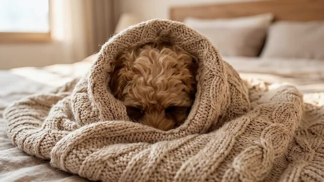 Sad puppy whimpering on knitted blanket