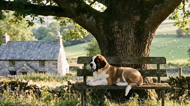 Saint Bernard puppy waking on wooden bench