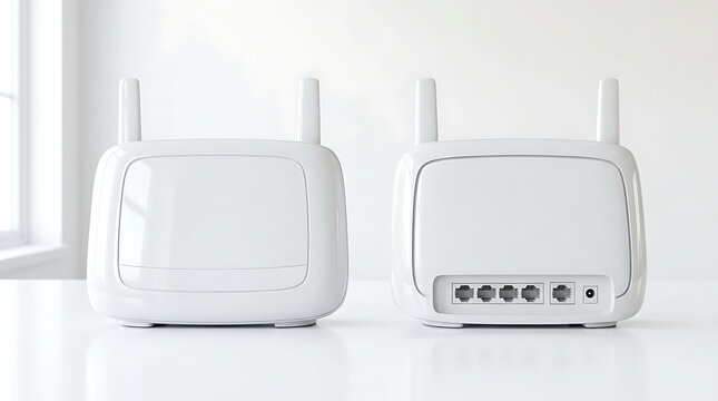 Modern White Wireless Router Front And Back View On Clean Minimalist Desk Office Setup
