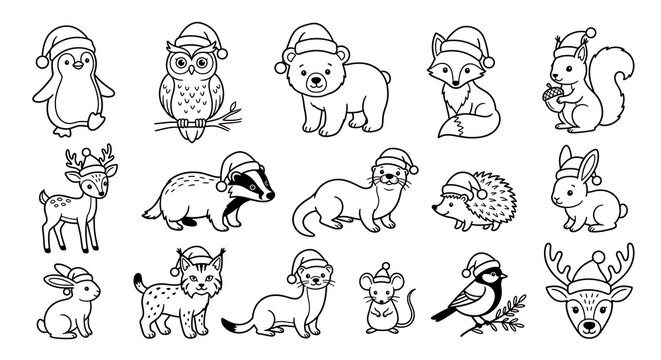 Christmas cute forest animals line art coloring page collection vector set