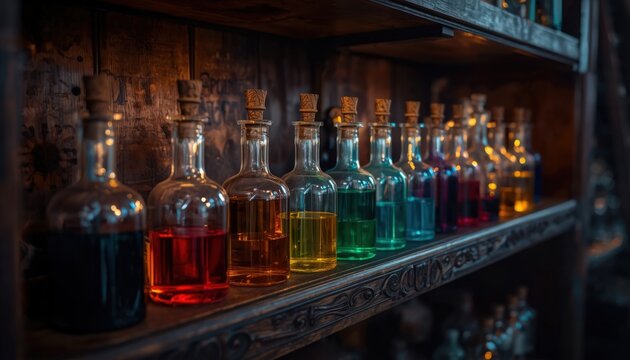 Colorful potion bottles arranged in a row on an antique wooden shelf