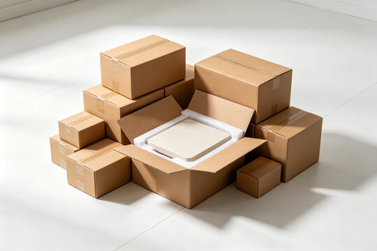 Cardboard boxes of various sizes stacked on a white floor. One open box shows a white product securely packed in protective foam.