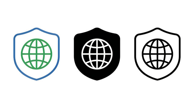 Shield with globe icon set in 3 styles