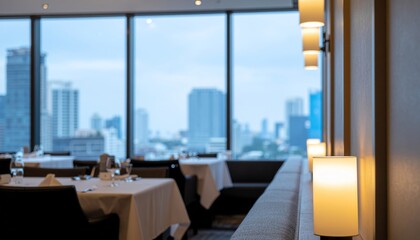 Obraz premium Modern restaurant with city skyline view from inside.