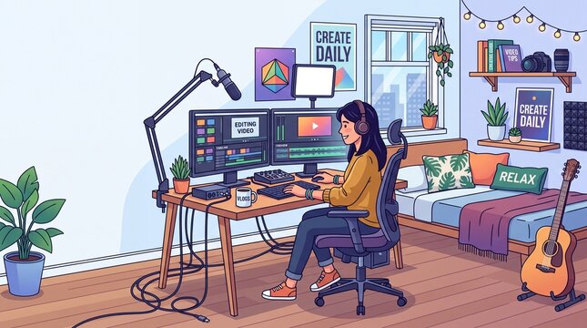Modern Vector Illustration of Content Creator Editing Video in Bedroom