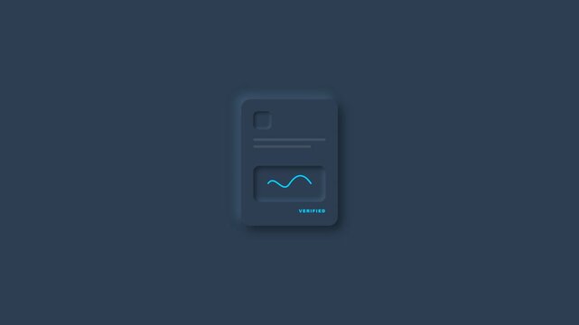Neumorphic document card animation featuring glowing blue chart and "moniker" text display