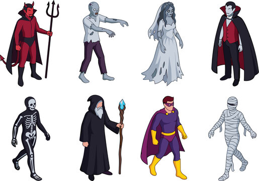 Set of creative cartoon characters wearing Halloween costumes including devil zombie ghost bride vampire skeleton wizard superhero and mummy