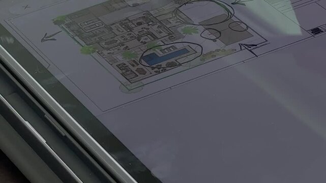 Interior design editing using digital stylus on a tablet device to review and update an architectural floor plan, illustrating modern design, planning and creative technology