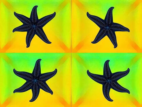 Repeating dark starfish pattern on bright yellow and green background