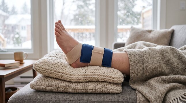 An injured foot with ice pack strapped to the swollen ankle rests elevated on cushions in a cozy living room with soft winter daylight for injury recovery concept