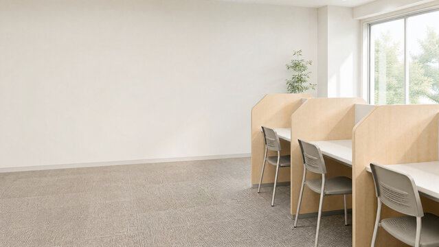 Empty study booths in a tutoring school - cram school instructor shortage and recruitment concept banner with copy space