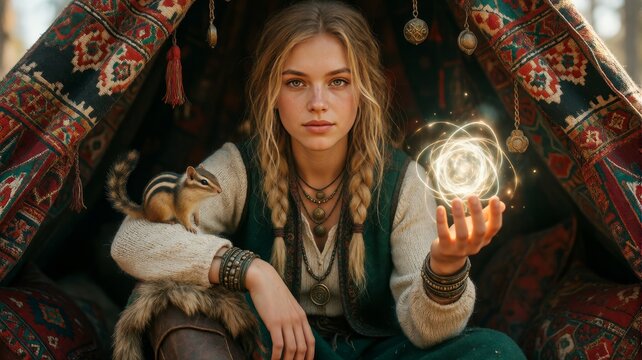 Young woman holds a glowing orb while sitting in a richly patterned tent
