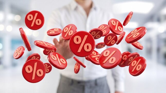 Businessman Reaching Towards Floating Red Discount Percentage Symbols in a Modern Office Environment