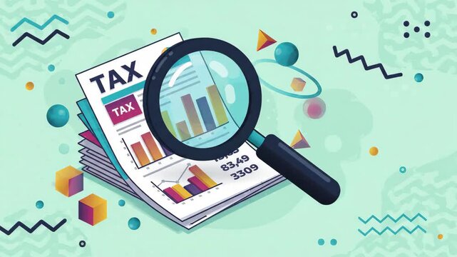 magnifying glass examines stack of financial tax documents with charts and bar graphs set against mint green background featuring floating abstract geometric shapes and patterns