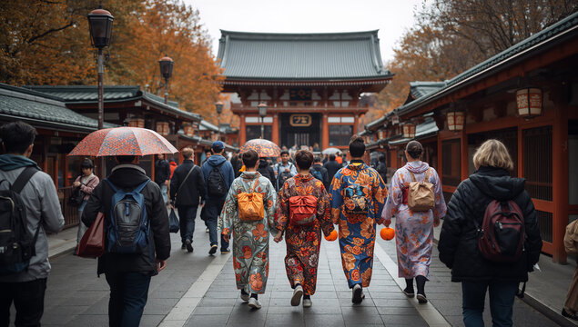 紅葉の神社参道を浴衣姿で歩く観光客たち