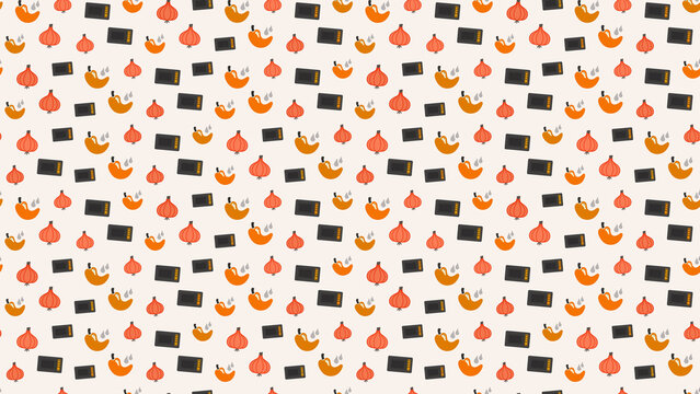 Pattern of onions and peppers with water droplets