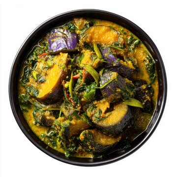 Durga Puja labra mixed vegetable curry with pumpkin eggplant  isolated on a white background