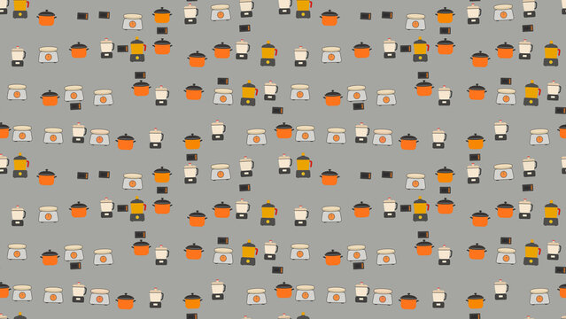 Seamless pattern of kitchen appliances and cookware