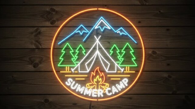 Glowing Neon Summer Camp Emblem with Tent, Mountains, and Campfire on Rustic Wooden Background