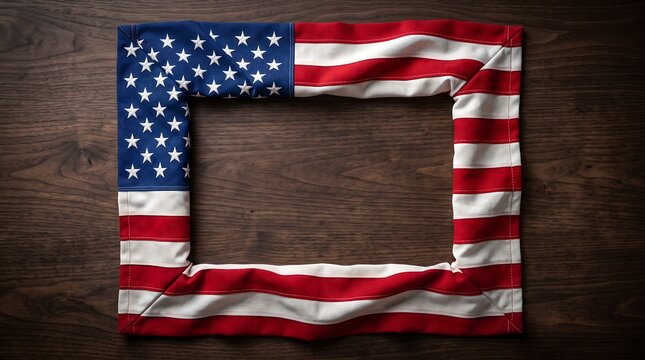 Fabric American Flag Rectangular Frame Design Placed on a Rich Dark Polished Wooden Surface