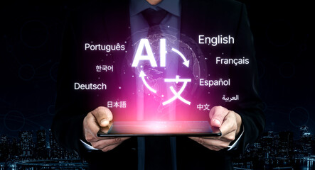 Global communication with multiple languages, digital translation tools, multilingual technology, cross-cultural communication, and virtual language learning environments. Spline © InfiniteFlow