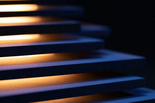 Stacked dark shelves with warm light