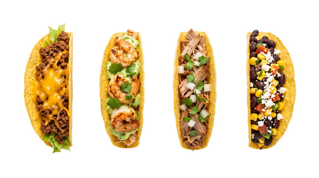 Four halved cross sections of crispy Mexican hard shell tacos arranged in a row isolated element on transparent background