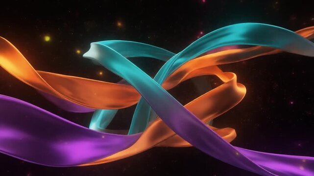 Vibrant abstract ribbons in orange, blue, and purple elegantly intertwining, creating a dynamic flow against a dark, starlit background, symbolizing connection and fluidity
