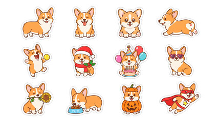 Obraz premium Pembroke Welsh Corgi Vector Clipart Set, 12 Cute Dog Poses and Holiday Themes Grid Isolated on Transparent Background PNG