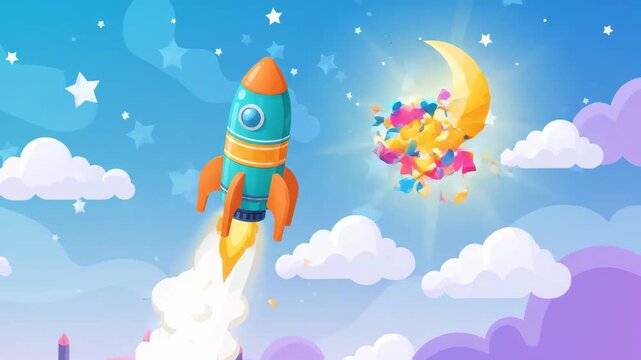 colorful rocket ship launching from circular launchpad into the blue sky with clouds and sparkling stars in the background