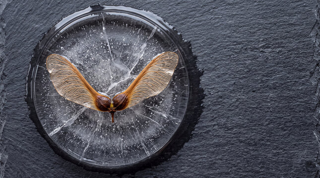Winged Seeds in a Clear Ice Disc on Dark Slate