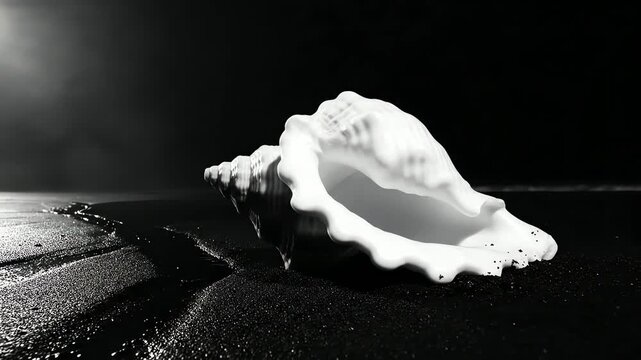 Black and white seashell on wet sand
