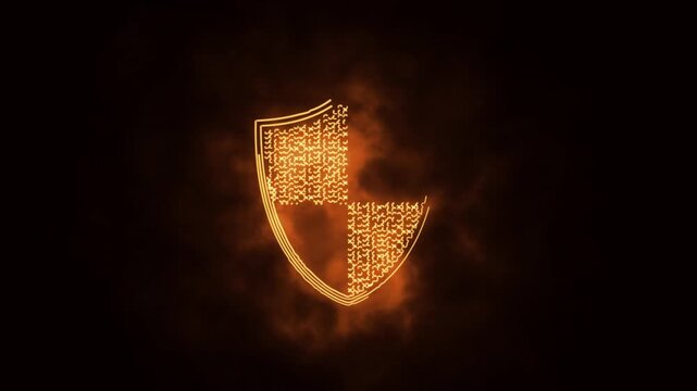 golden shield with burning fire effect on black background