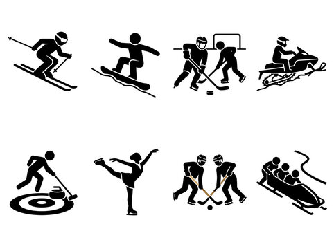Winter sports icons set featuring skiing snowboarding and ice hockey