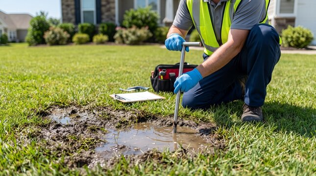Technician in high-vis vest probing a muddy puddle on a residential lawn for inspection