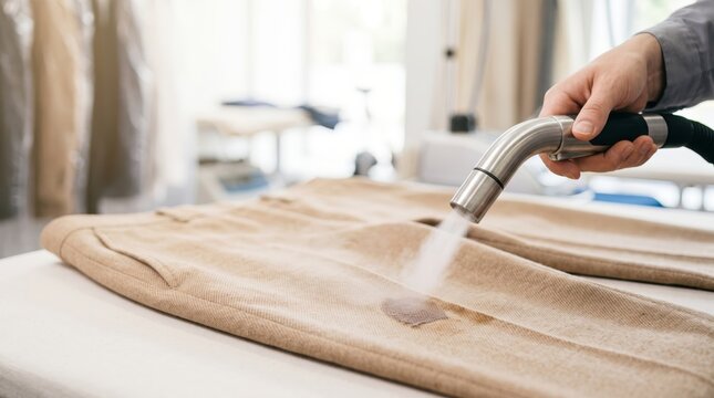 Professional hand holding steam cleaner removing a stubborn stain from beige trousers